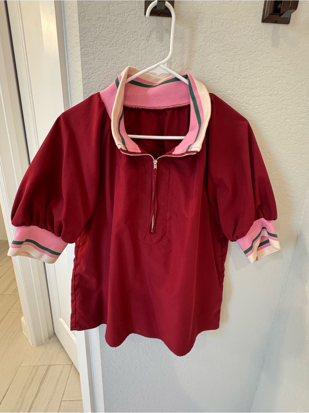 Women's Burgundy Polo Blouse with Pink Trim